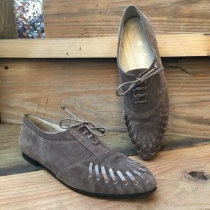 Castaner flat oxford tan suede bold stitch leather